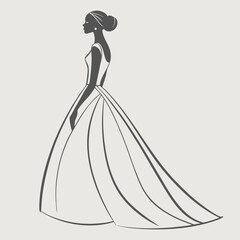 Elegant silhouette of a bride in a wedding dress. Line art. Minimalist illustration for card or invitation.