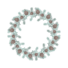 Christmas wreath with fir branches and pine cones. Festive pine wreath with cones.