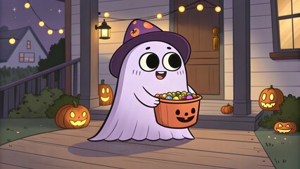 Adorable cartoon ghost trick or treating with candy bucket and pumpkins on Halloween night for family fun