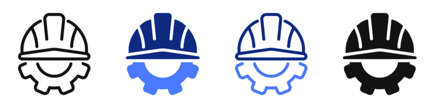 Vector icon or logo of protective hard hat with cogwheel related to construction industry and real estate, architecture and machinery. Symbol for website or app UI, logo design, illustration
