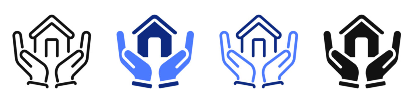 Vector icon or logo of house in hands related to real estate and rent, construction, purchasing and selling a home. Symbol for website or app UI, logo design, illustration