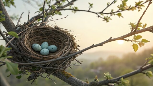 An intricately woven birds nest holding four delicate blue eggs nestled on a tree branch at golden sunrise