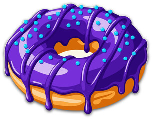 Sweet dessert cartoon donut illustration with purple icing and blue sprinkles shows dripping glaze on a black background