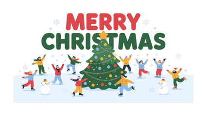 Festive Christmas Celebration: A joyous scene unfolds as people gather around a decorated Christmas tree, filled with merriment and delight, celebrating the holiday spirit.