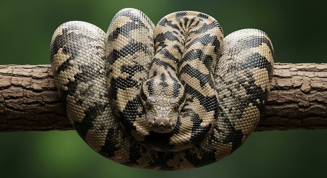 Close up of a coiled python snake on a tree branch in the jungle. - Powered by Adobe