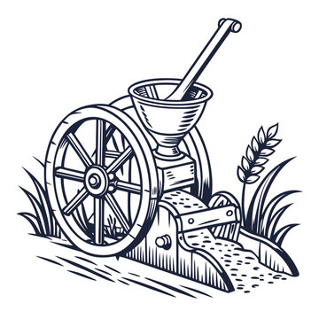 Vintage illustration of a hand-cranked grain thresher with a wheat stalk Keywords: grain thresher, agricultural machinery, vintage, retro, antique, farming, harvest, wheat, grain, seeds
