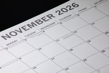 Calendar month of November 2026 with a clean and clear font on a black background