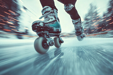 Person Wearing Colorful Roller Skates Enjoying Urban Street Hobby Outdoor Fun City Lifestyle Vibes Generative AI