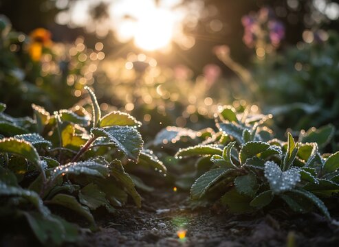 Stunning sunrise over frost-kissed garden leaves, bringing a fresh, peaceful morning vibe perfect for wellness, nature, and mindful living campaigns
