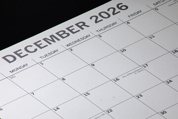 Calendar month of December 2026 with a clean and clear font on a black background