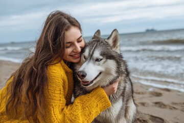 At the beach a pretty young woman in a yellow sweater plays with a grey and white husky