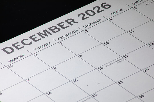 Calendar month of December 2026 with a clean and clear font on a black background