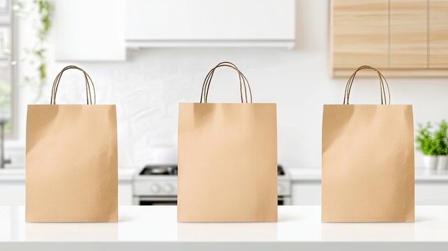 Three brown paper bags sit neatly on a white kitchen counter, set against a blurred modern interior. This setup emphasizes a food delivery concept with potential for product placement