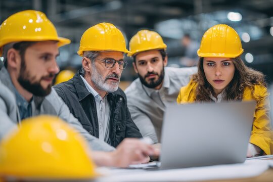 A youthful team of business professionals including an architect and engineer at a construction site reviewing documents and workflow with a laptop in a startup office