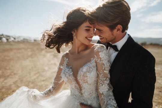 Attractive young couple dancing outdoors in wedding attire a brunette bride in white and a dapper groom in black