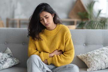 Distressed Indian woman clutching her abdomen experiencing cramps while seated on a couch showing discomfort and unhappiness with extra space for text