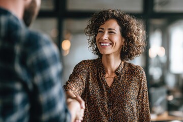 Upper body portrait of an older female manager greeting a client or employee by shaking hands in front of a presentation board with room for text
