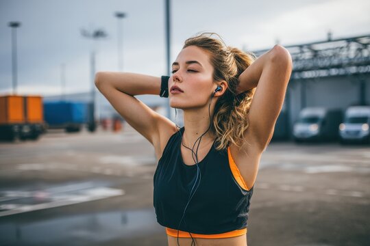 Athletic young woman exercising and enjoying music in an urban industrial setting