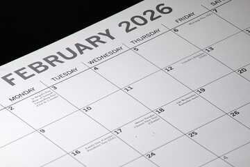 Calendar month of February 2026 with a clean and clear font on a black background