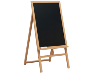 Wooden A-frame easel with a black chalkboard and a piece of chalk isolated on a transparent background