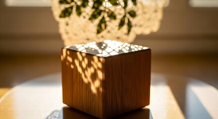 Wooden cube illuminated by natural light and foliage shadow display