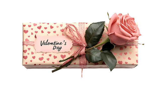 Valentine's Day gift, a box wrapped in heart-patterned paper, decorated with pink roses and a label that reads "Valentine's Day".
