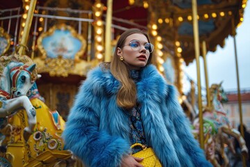 Chic young woman in a trendy blue faux fur coat by a vintage carousel in the city 2020