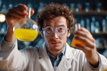 A student in a lab coat and glasses performs an experiment with a flask representing university education