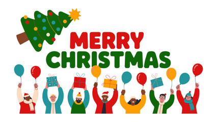 Christmas Cheer and Unity: A heartwarming illustration of festive figures celebrating the holiday season with presents and balloons. conveying the spirit of giving, joy, and togetherness.