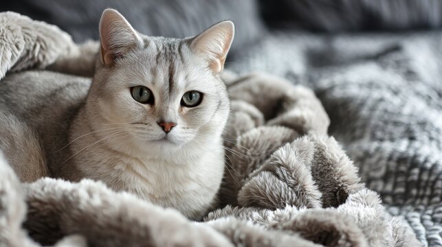Burmilla cat with silver coat lounges comfortably on a soft blanket in a cozy bedroom setting during the day