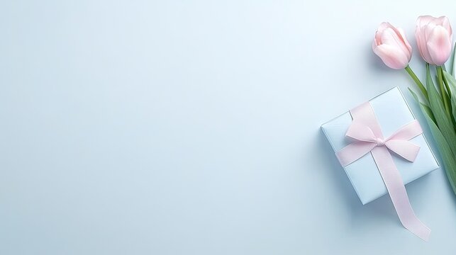 A lovely arrangement features elegant pink tulips beside a charming gift box adorned with a ribbon on a white backdrop. This design creates a perfect setting for Women's Day greetings