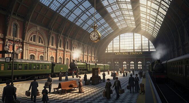Vintage Train Station Interior with People and Trains.