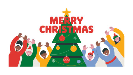 Joyful Holiday Gathering: Illustrative scene of diverse people celebrating Christmas, expressing festive cheer through open arms and smiles around a decorated tree, and text MERRY CHRISTMAS.