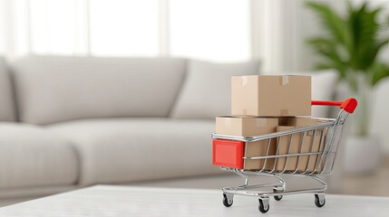 A tiny shopping cart with cardboard boxes sits on a table in a warm and inviting home interior. This setup emphasizes the ease of online shopping and delivery in everyday life