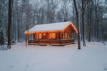 Generative AI image of cozy log cabin decorated for Christmas in snowy forest with glowing lights and magical winter mood