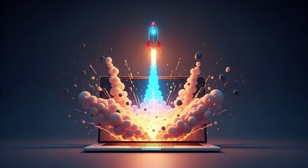 Launch your dreams! A rocket blasts off from a laptop screen, symbolizing business growth and innovation