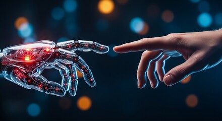 Experience the future with a human and robot hand reaching for connection in the darkness