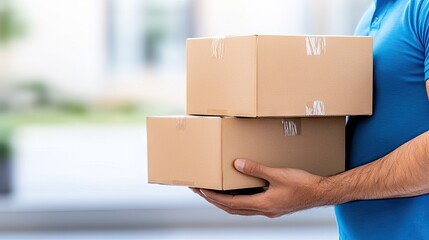 A male delivery man in a blue shirt is carrying a stack of brown cardboard boxes to a front door. Sunlight enhances the warm, inviting atmosphere, creating a cheerful delivery moment