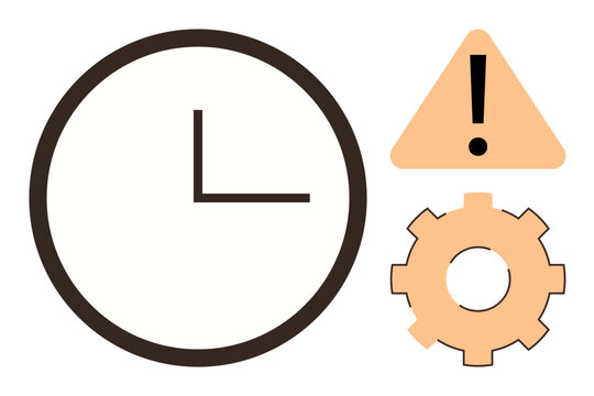 Clock symbolizing time, alert triangle highlighting caution, and cogwheel denoting workflow. Ideal for productivity, time management, deadlines, caution, process improvement urgency workflow. Clean