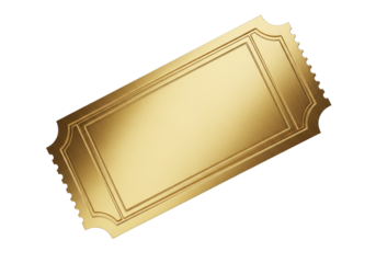 Brushed gold ticket with ornate border and perforated edges isolated on a transparent background golden