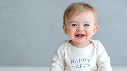Naklejka premium Cheerful Caucasian baby with blonde hair wearing white onesie with 