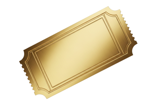 Brushed gold ticket with ornate border and perforated edges isolated on a transparent background golden