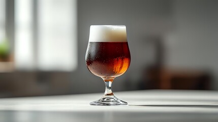 Glass of dark amber craft beer with creamy foam head on table in soft natural light, showcasing rich color and texture for beverage photography.