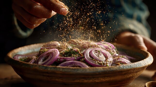 Culinary spices falling onto sliced red onions in rustic ceramic bowl, creating aromatic cloud of seasoning dust in warm kitchen lighting.