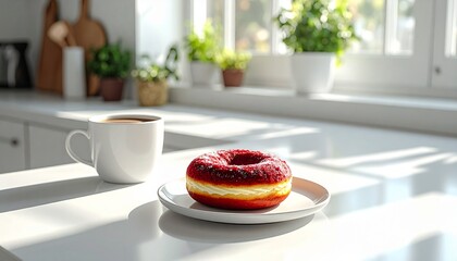 Enjoy a delightful red velvet donut with a steaming cup of coffee in the bright kitchen sunshine for a perfect morning treat, baking inspiration