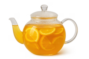 Hot orange fruit infusion in glass teapot
