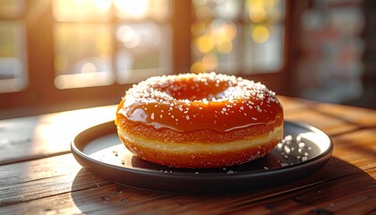 Indulge in a Delicious Caramel Donut, Sprinkled with Sugar Crystals, Perfect for a Sweet Treat or Dessert Menu, Freshly Baked and Ready to Enjoy