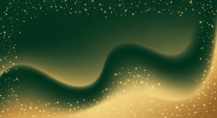 Abstract flowing wave of green and gold with sparkling particles