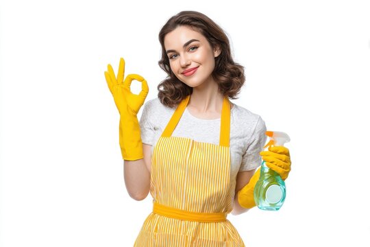 Cheerful homemaker in yellow gloves and striped apron on a white backdrop She gestures OK while holding a cleaning solution Space available for ads