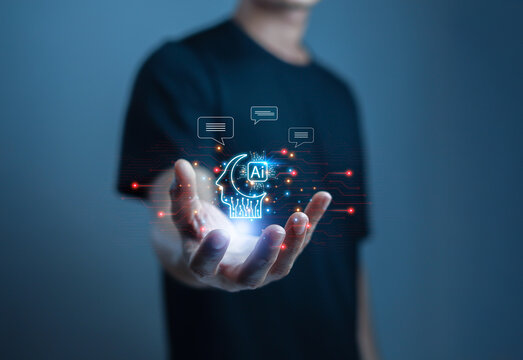 A person holding a glowing AI head icon with digital circuits, representing artificial intelligence, innovation, machine learning, and futuristic technology in data communication and modern computing.